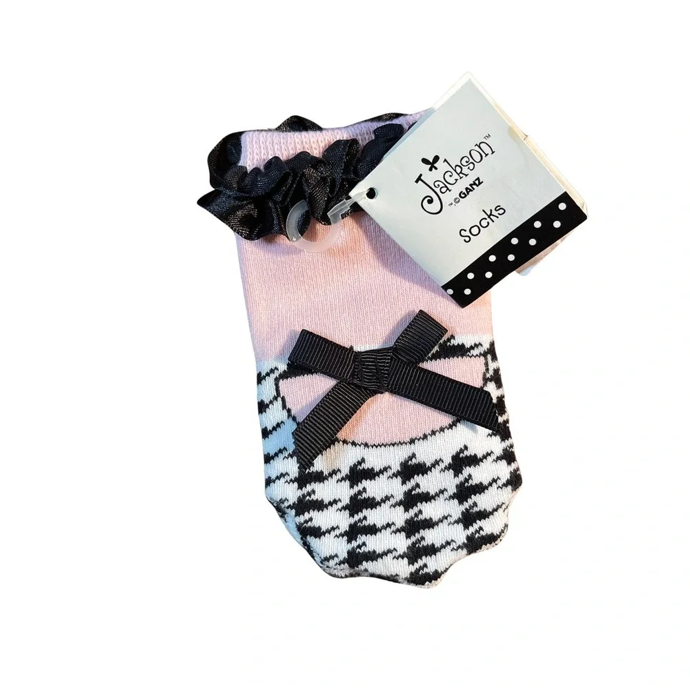 Jackson Ganz Houndstooth Ruffle Bow Socks Pink Baby 0-12 Months 2 Pair